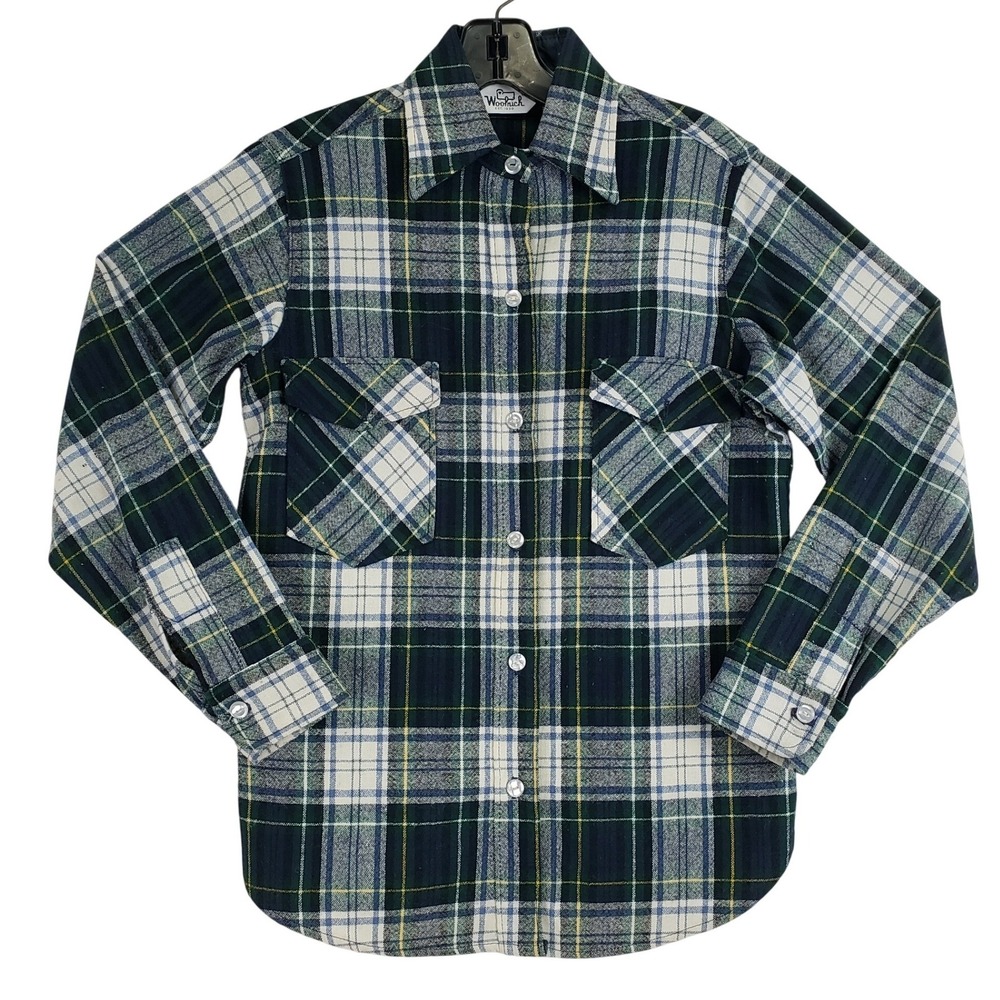 Vintage 80s Woolrich Wool Plaid Shirt Women 12 Green Gorpcore Cabincore